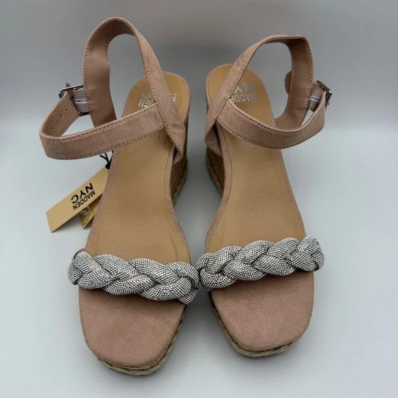 Madden NYC Wedge Sandals Braided Rhinestone Ankle Espadrille‎ Blush Size 9 NWT - Picture 2 of 8